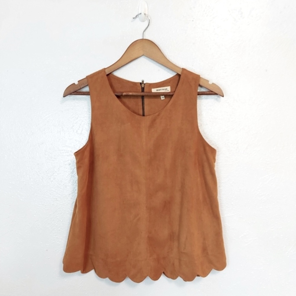 Monteau faux suede scalloped hem top.